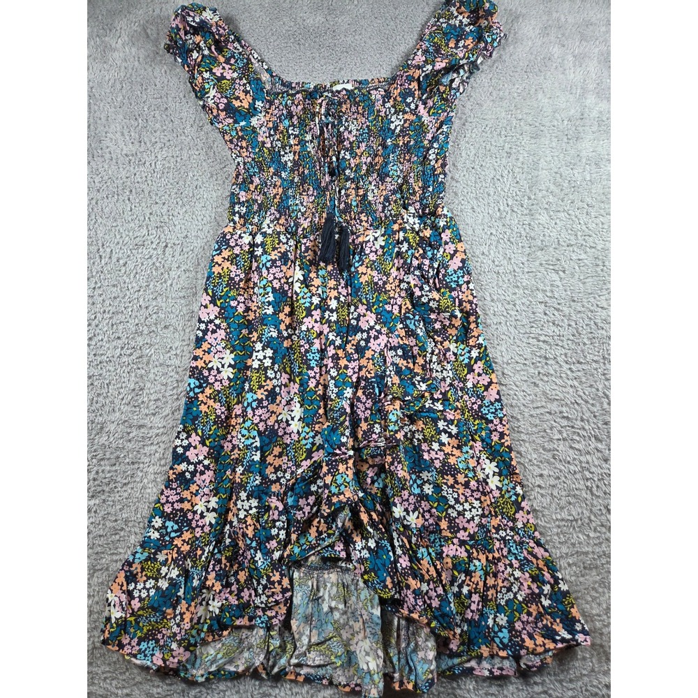 Marga Rivie Smocked Floral Dress S Multicolor Womens Boho High Low Ruffle Hem